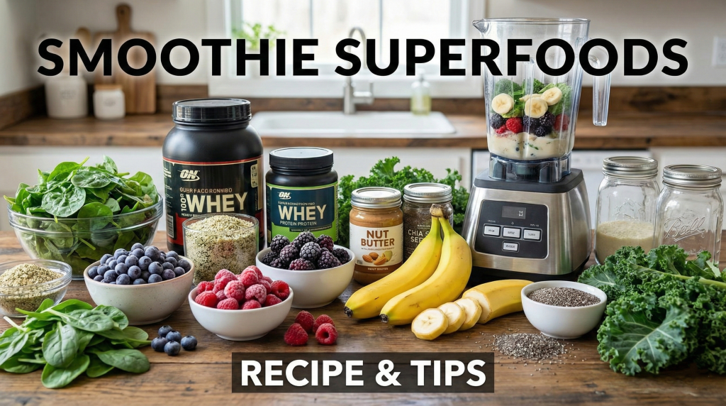 Assorted colorful smoothie ingredients including frozen berries, bananas, leafy greens, and protein sources arranged on a kitchen counter