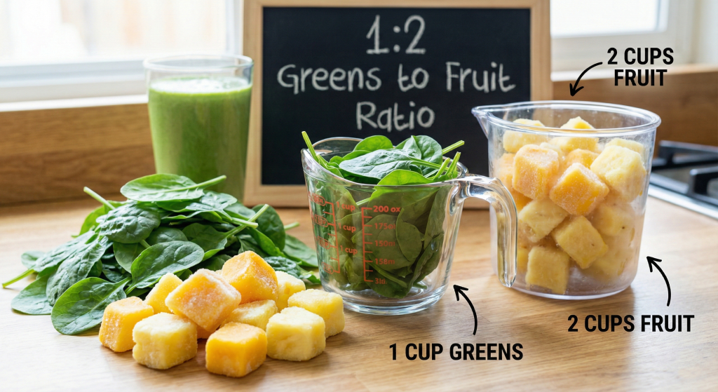 Baby spinach leaves next to frozen mango and pineapple chunks with a measuring cup showing proper 1:2 greens to fruit ratio for beginner green smoothie recipes