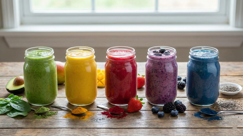 Collection of five different pre workout smoothies in glass jars showing variety of colors from green to purple