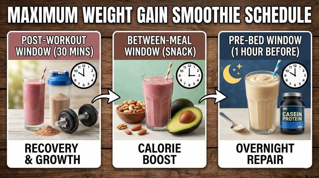 Daily smoothie timing schedule showing post-workout, between-meal, and pre-bed consumption windows for maximum weight gain