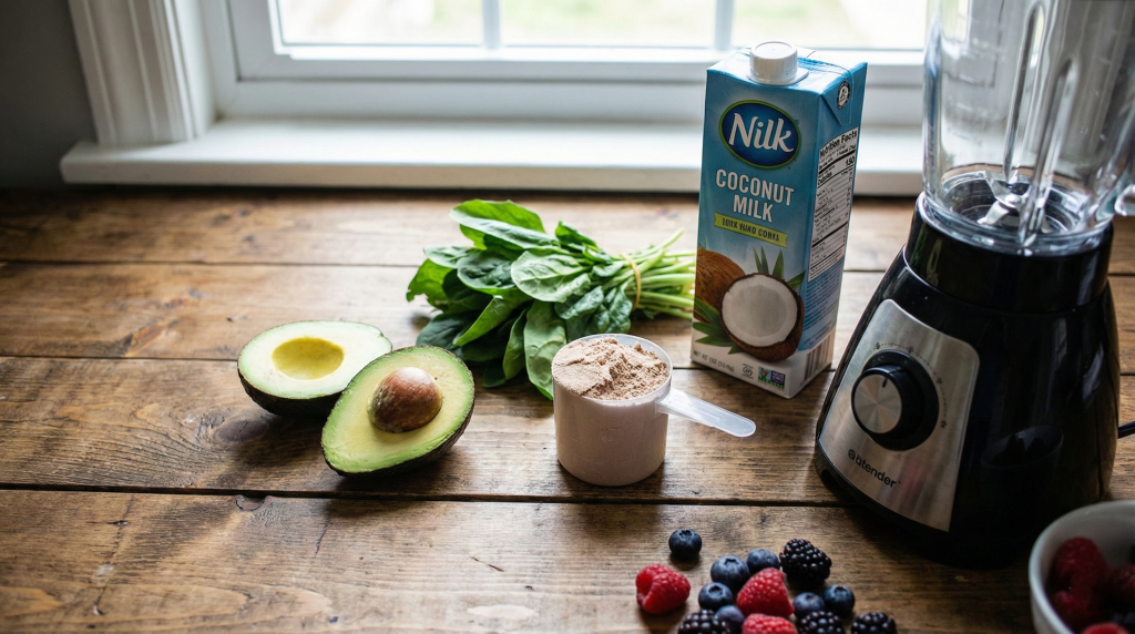 Fresh ingredients for keto smoothies including avocado, spinach, protein powder, and coconut milk arranged on a kitchen counter