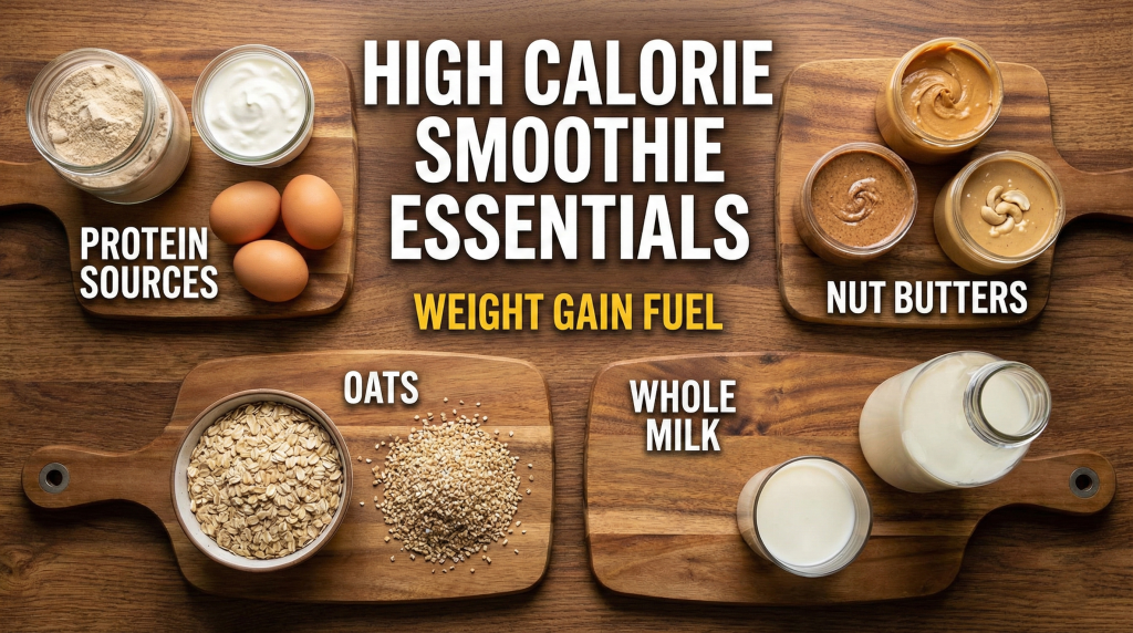 High calorie smoothie ingredients organized by category showing protein sources, nut butters, oats, and whole milk for weight gain