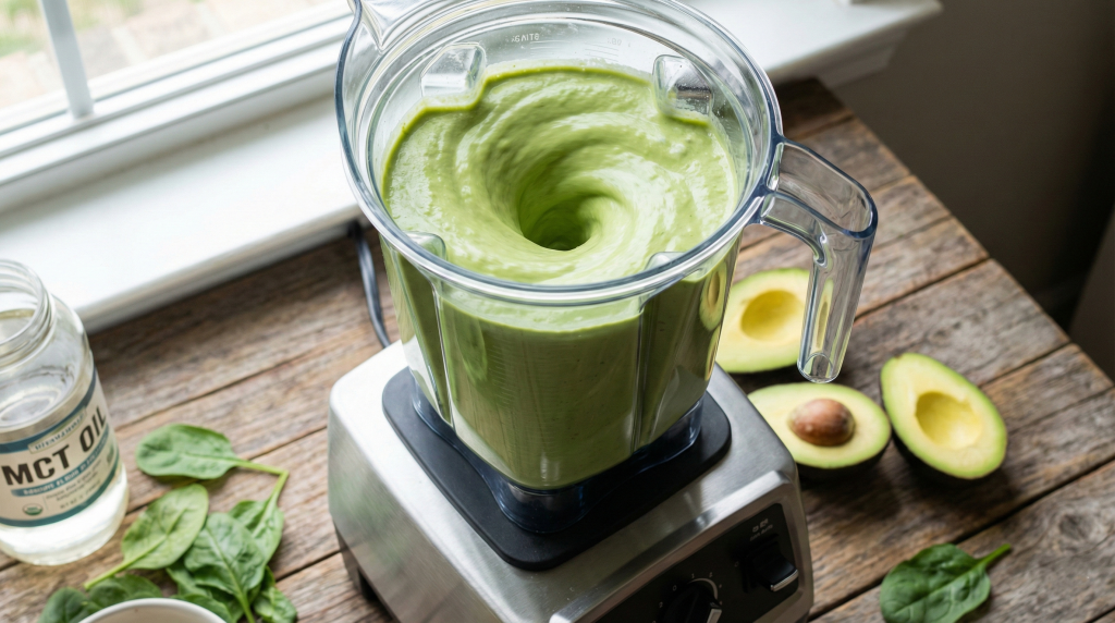 High-powered blender with keto smoothie ingredients being blended showing smooth, creamy texture