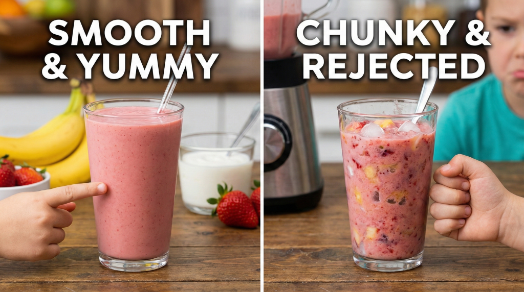 Kid friendly smoothie recipes showing texture comparison between properly blended smooth consistency versus chunky rejected texture