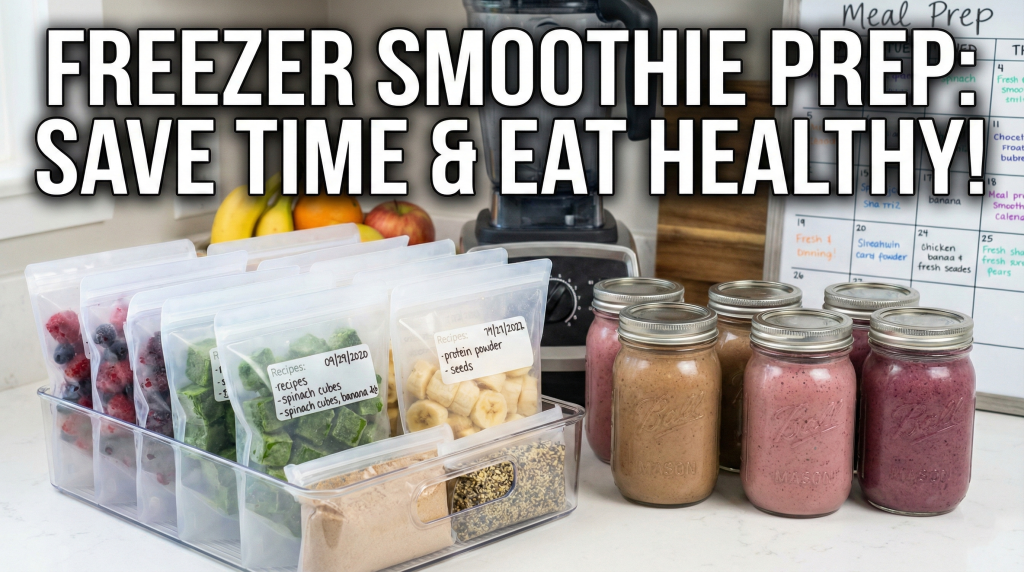 Organized freezer smoothie prep bags with portioned ingredients and mason jars for storage demonstrating meal prep efficiency