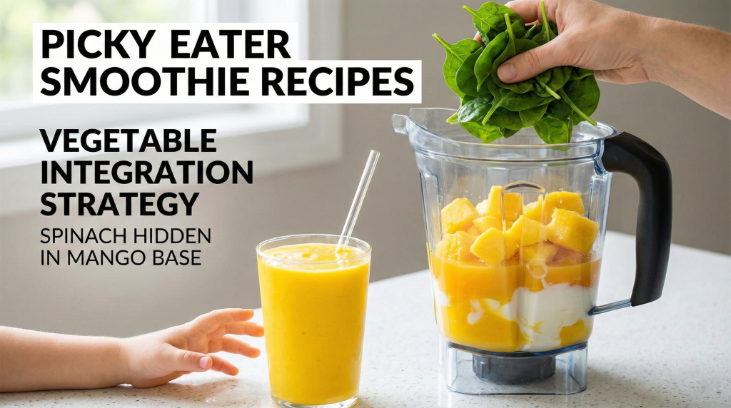 Picky eater smoothie recipes demonstrating vegetable integration strategy with spinach hidden in mango base
