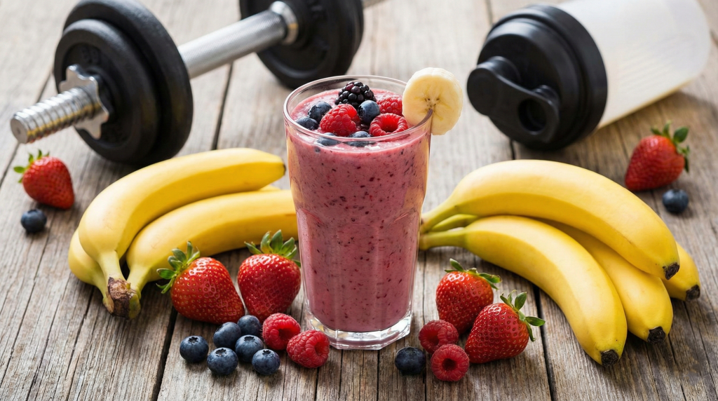 Pre workout smoothie in clear glass with fresh fruit ingredients showing banana and berries on wooden surface