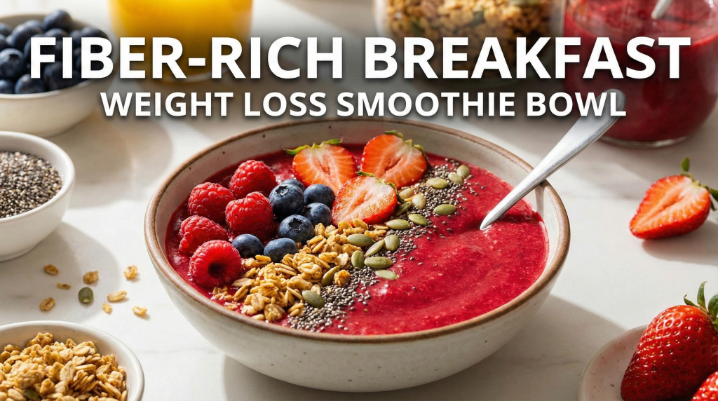 Weight loss breakfast smoothie bowl topped with fresh berries and granola showing fiber-rich breakfast option