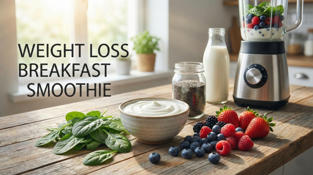 Weight loss breakfast smoothie ingredients including Greek yogurt, spinach, and berries arranged on kitchen counter