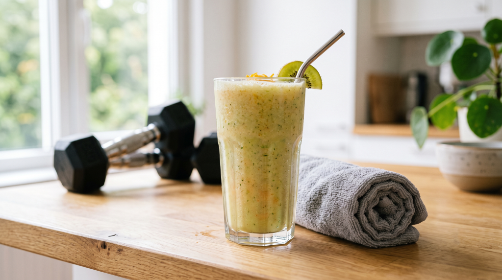 A post-workout smoothie recovery drink in a glass next to workout gear on a kitchen counter
