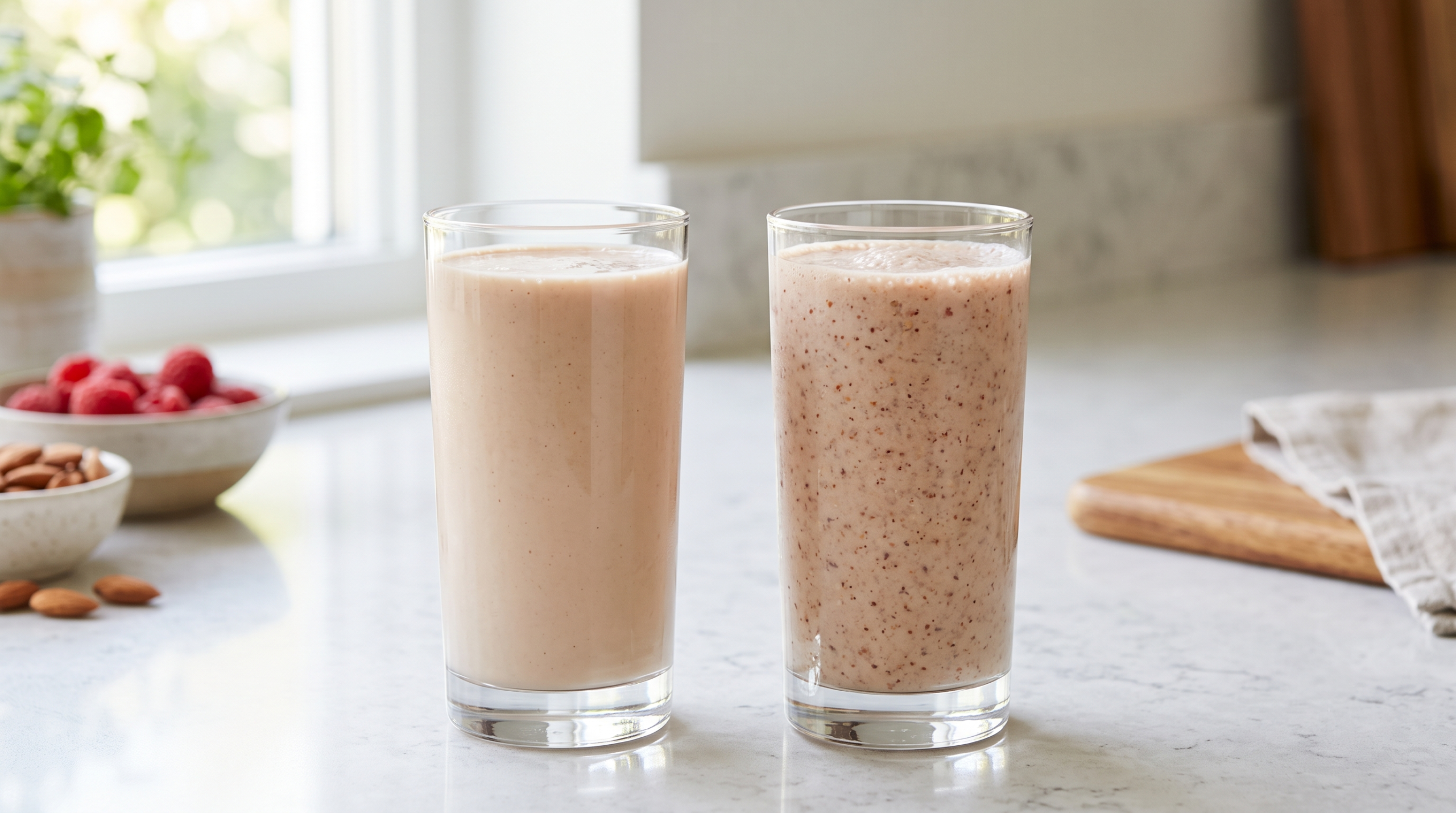 Whey protein smoothie next to a plant protein smoothie, showing a visible texture difference