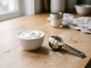 A small bowl of plain Greek yogurt next to a scoop of protein powder on a kitchen counter