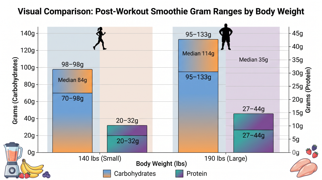 Visual comparison of carbohydrate and protein gram ranges by body weight for a post-workout smoothie