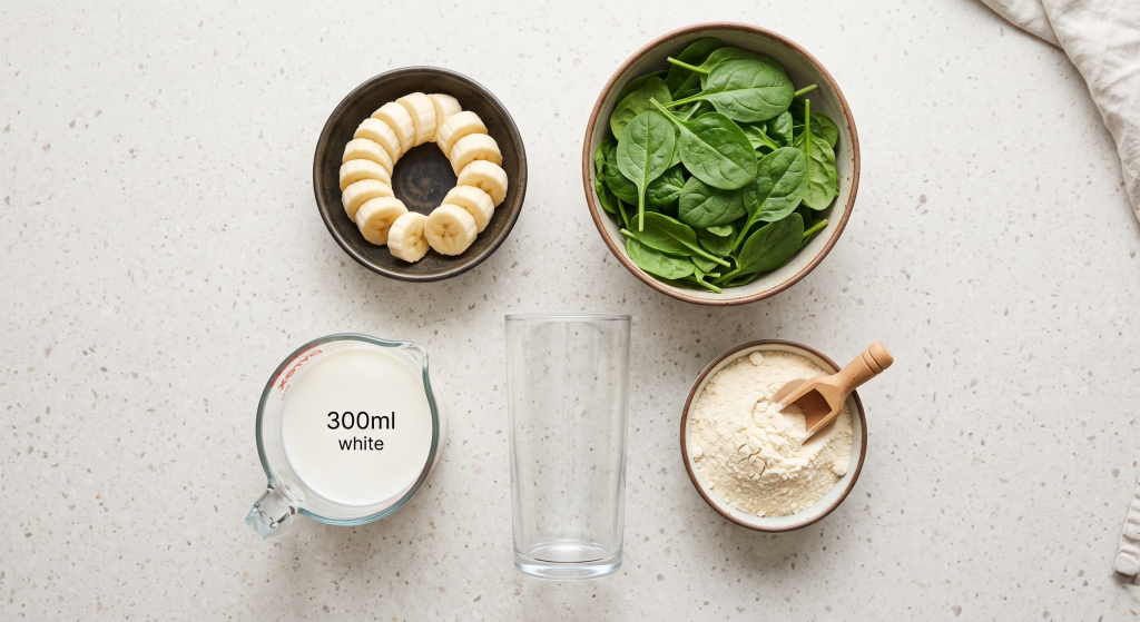 Overhead view of smoothie ingredients — banana, spinach, protein powder, milk — arranged before blending
