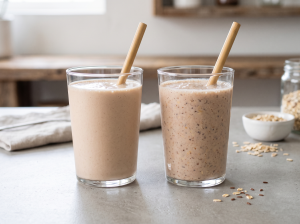 Whey vs plant protein smoothie texture comparison, shown side by side in matching glasses