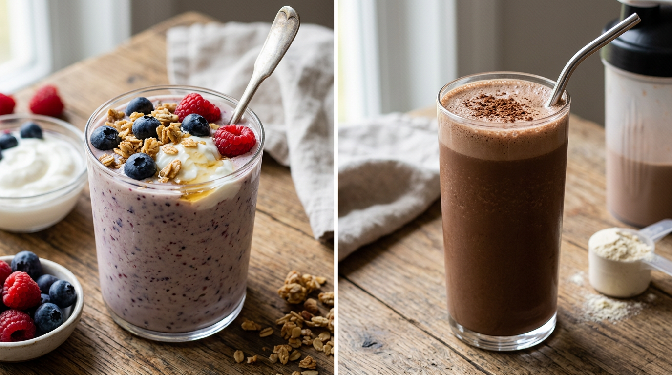 Berry smoothie with granola beside a chocolate protein shake