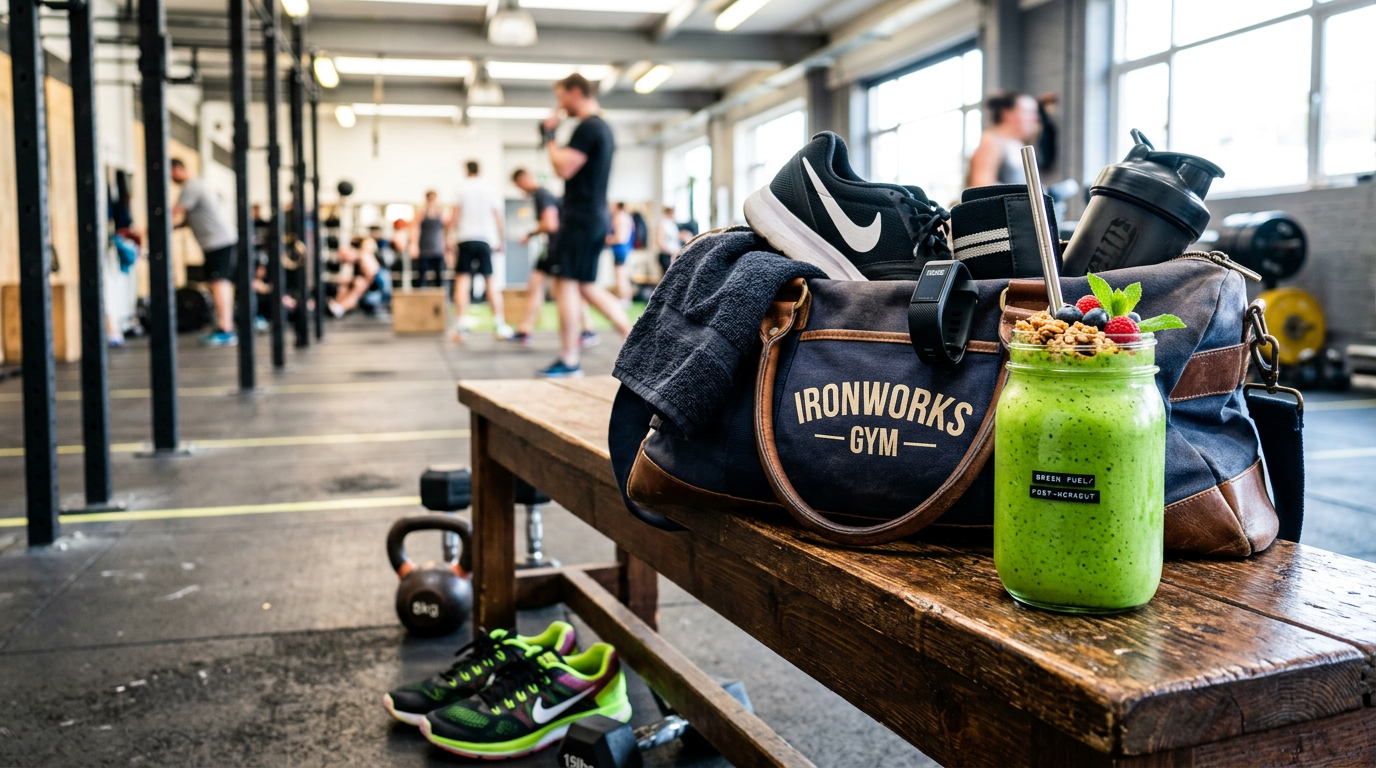 Gym bag, sneakers, water bottle, and green smoothie on a wooden bench
