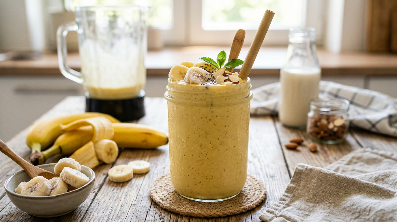 Banana smoothie topped with fruit, almonds, mint, and two straws