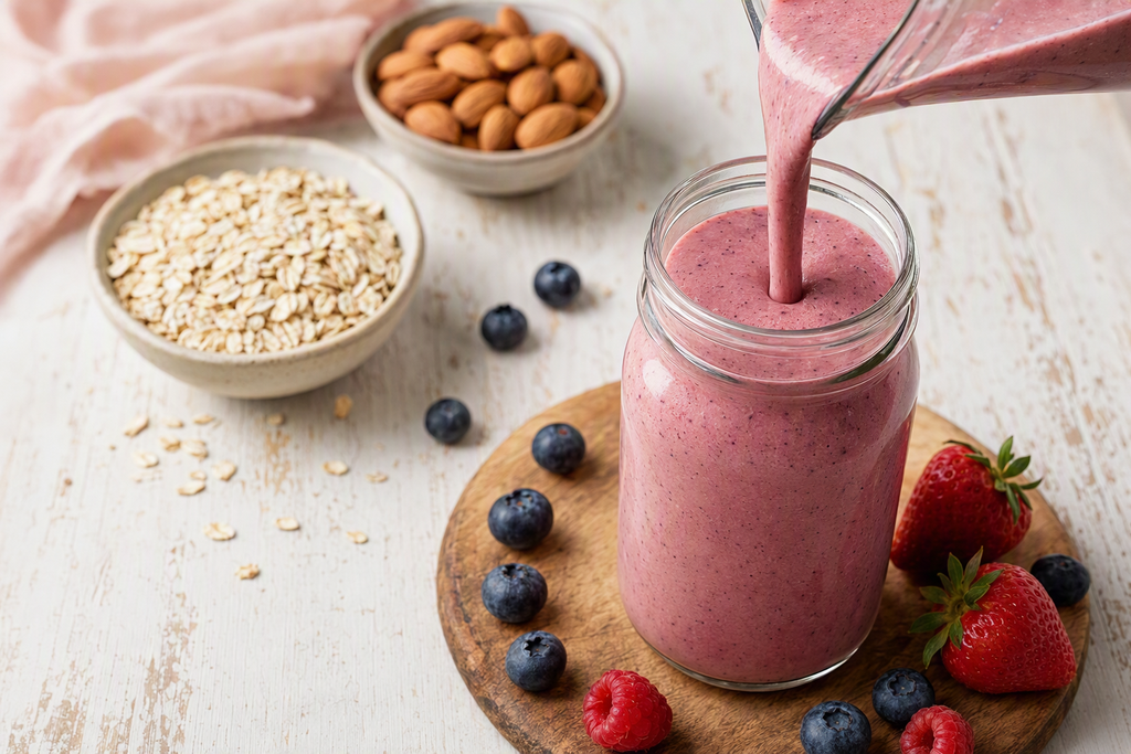 Oat Milk vs Almond Milk in Smoothies: Which Plant Base Wins? 2 A glass of creamy oat milk smoothie being poured beside fresh almond and oat ingredients on a kitchen table