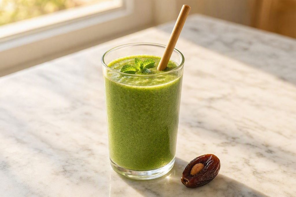 A glass of green smoothie sweetened with natural sweeteners for smoothies alongside fresh ingredient garnishes
