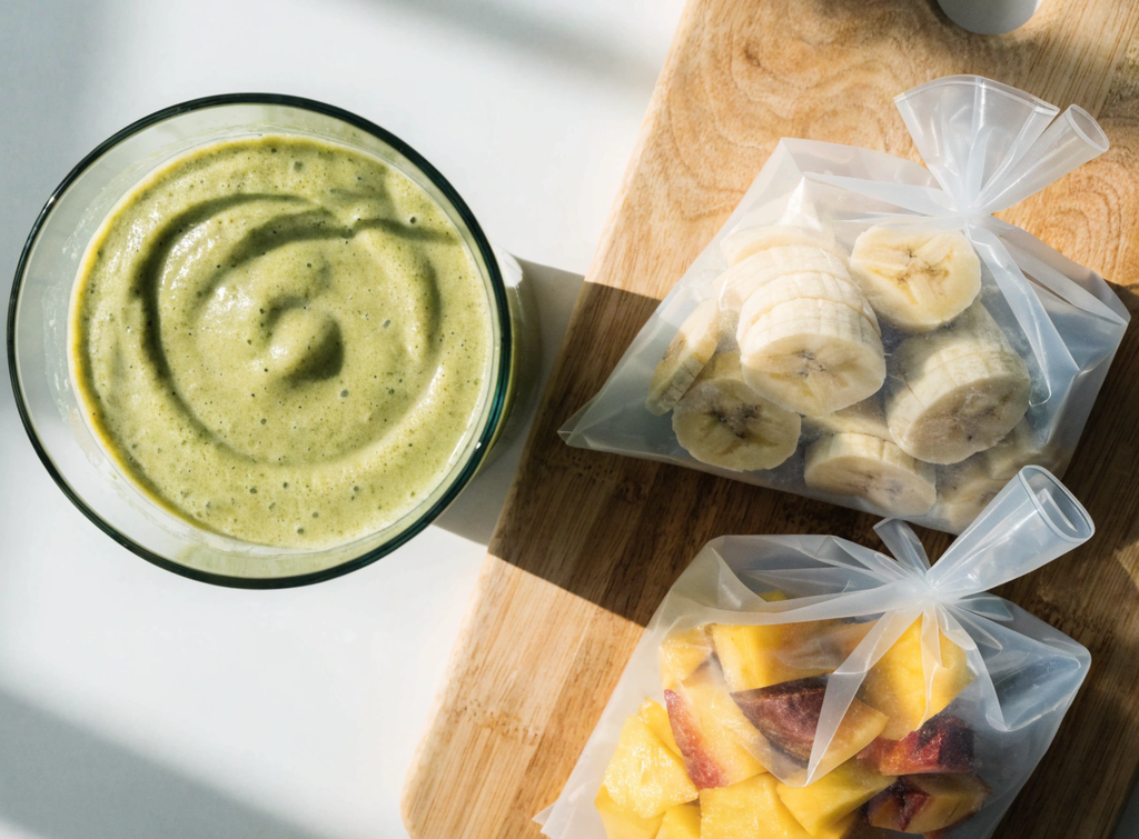 A vibrant green smoothie poured into a glass next to reusable freezer bags illustrating can you refreeze thawed fruit for smoothies storage