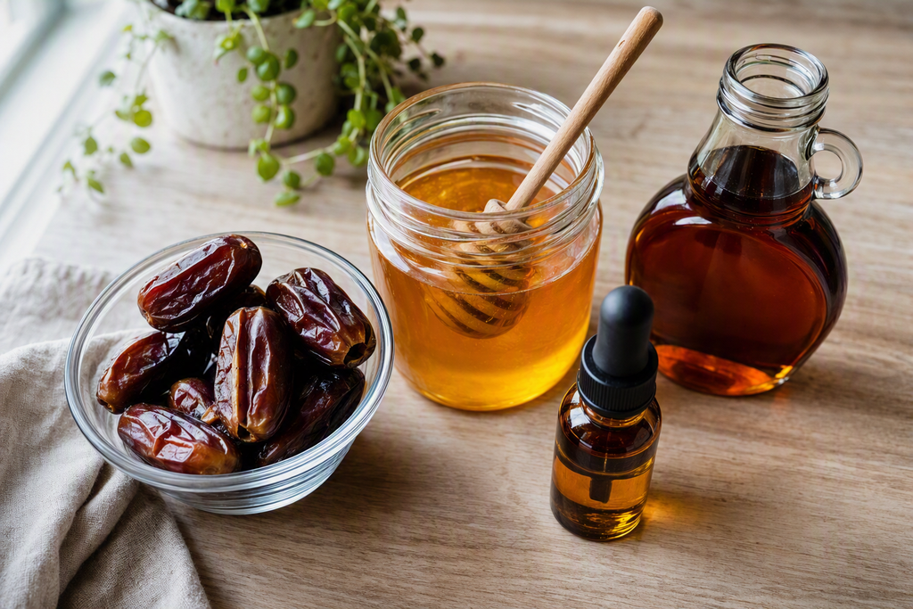 Assortment of natural sweeteners for smoothies including dates, raw honey, maple syrup, and monk fruit on a wooden kitchen counter