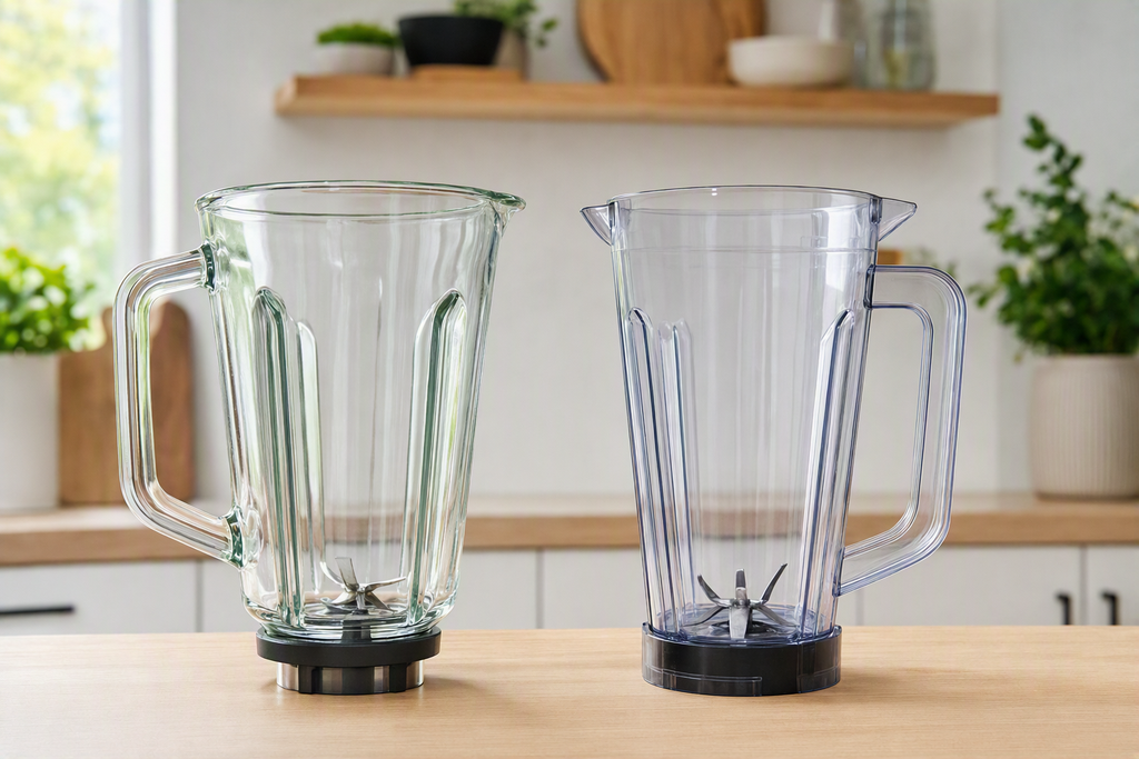Comparing glass and plastic smoothie blender jars placed side by side on a kitchen table 1024x683