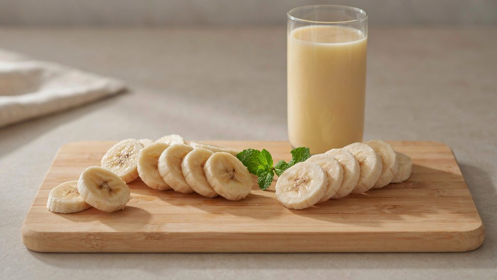 Comparison of sliced frozen vs fresh bananas for smoothies on a wooden board with a blender glass