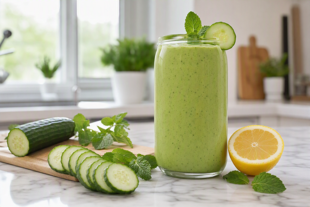 Creamy avocado green smoothie next to fresh cucumbers and mint leaves.