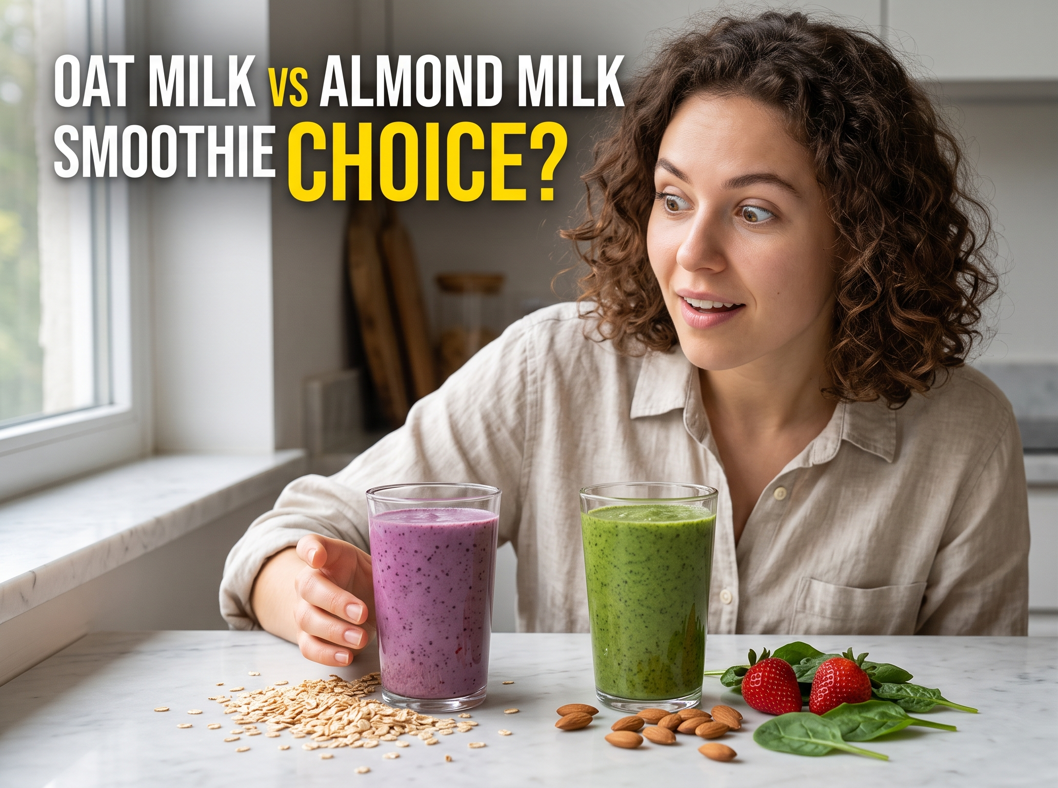 Featured image comparing oat milk and almond milk smoothie jars with fresh ingredients on a light wood background