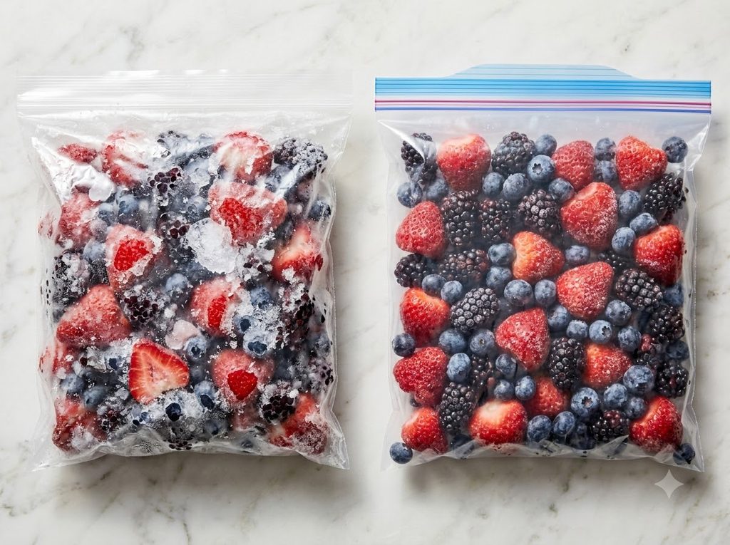 Side-by-side comparison of a clumped, ice-crystal-covered bag of frozen fruit next to a properly flash-frozen bag with separated pieces