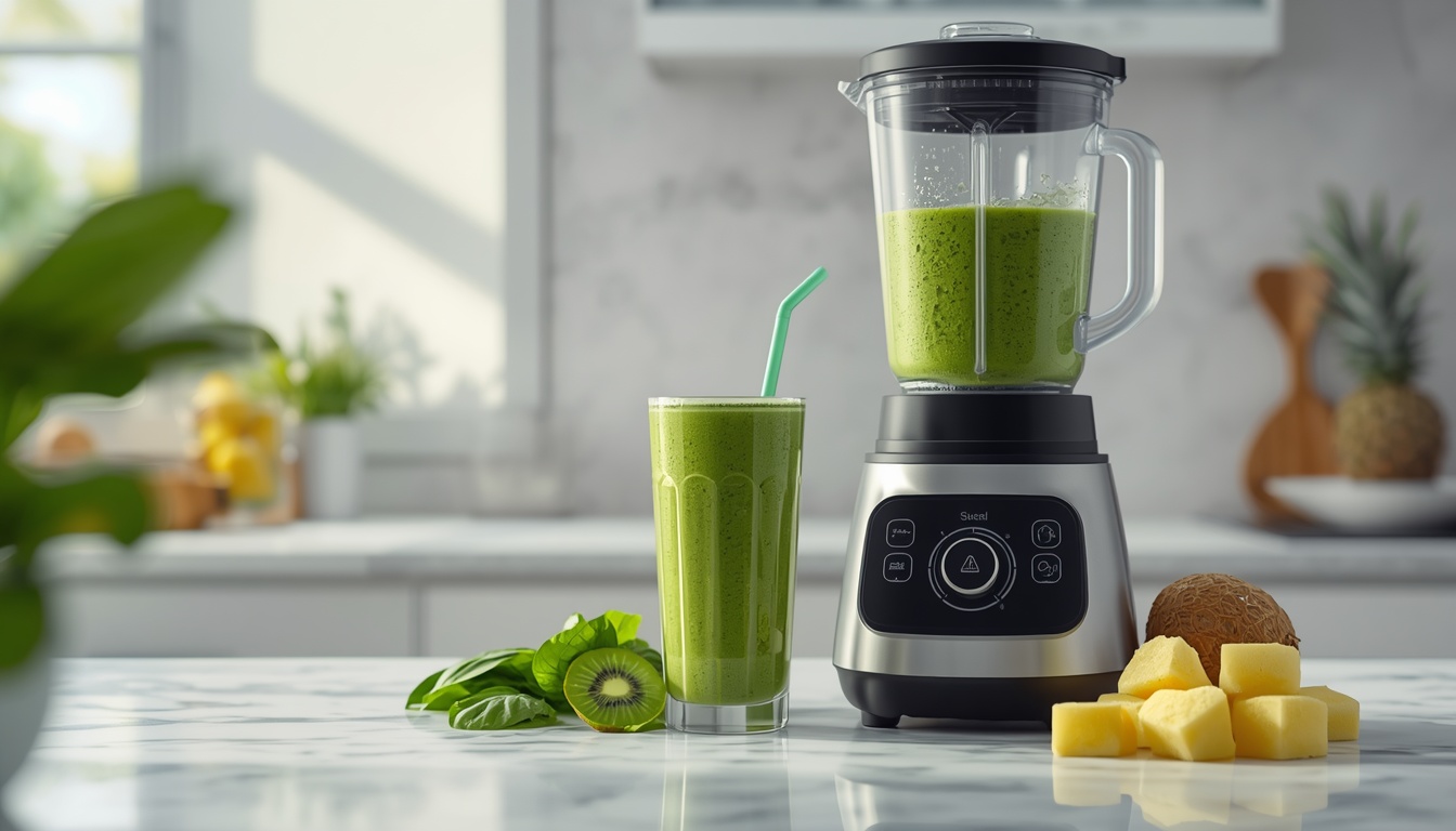 High performance smoothie blender next to a fresh green smoothie on a modern kitchen counter
