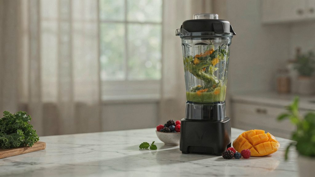 High performance smoothie blender processing frozen fruits on a kitchen counter for this smoothie blender buying guide 1024x576