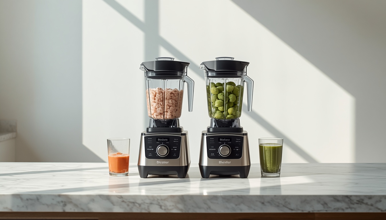 Nutribullet and Ninja blenders with frozen fruit smoothies on a modern kitchen counter