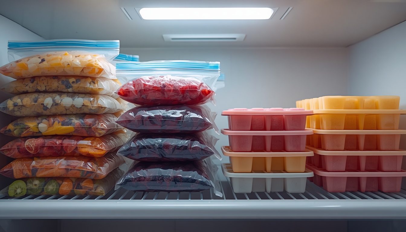 Organized freezer shelf with smoothie prep freezer bags and silicone trays filled with frozen smoothie cubes