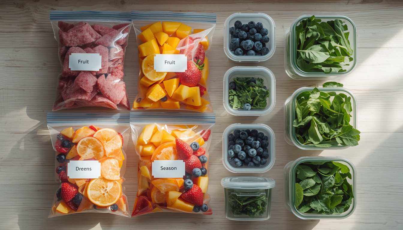 Organized smoothie ingredient storage station with labeled freezer bags of frozen fruit and airtight containers of fresh greens