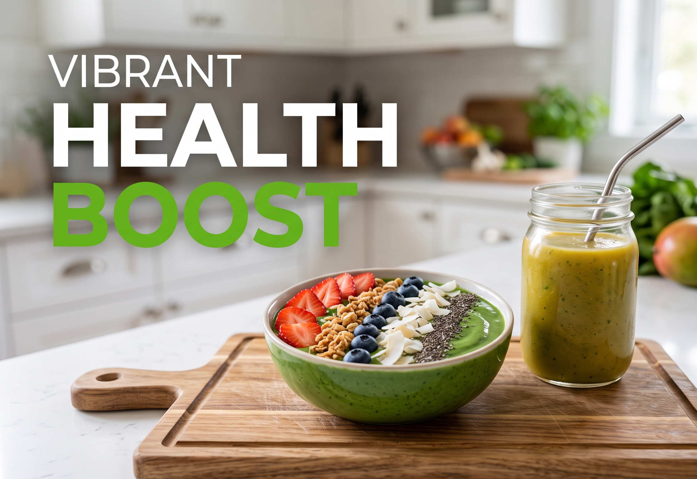 Photorealistic 169 banner image showing a vibrant smoothie bowl with colorful fruit toppings beside a cold drinkable smoothie in a mason jar on a clean Scandinavian kitchen island