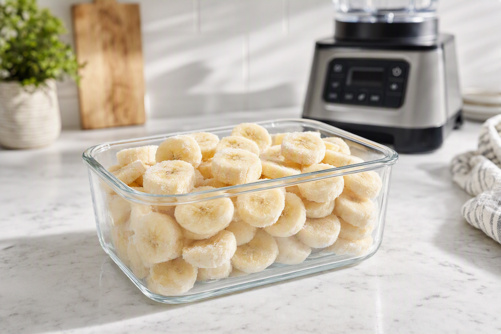 Sliced frozen bananas in an airtight glass container ready for blender meal prep