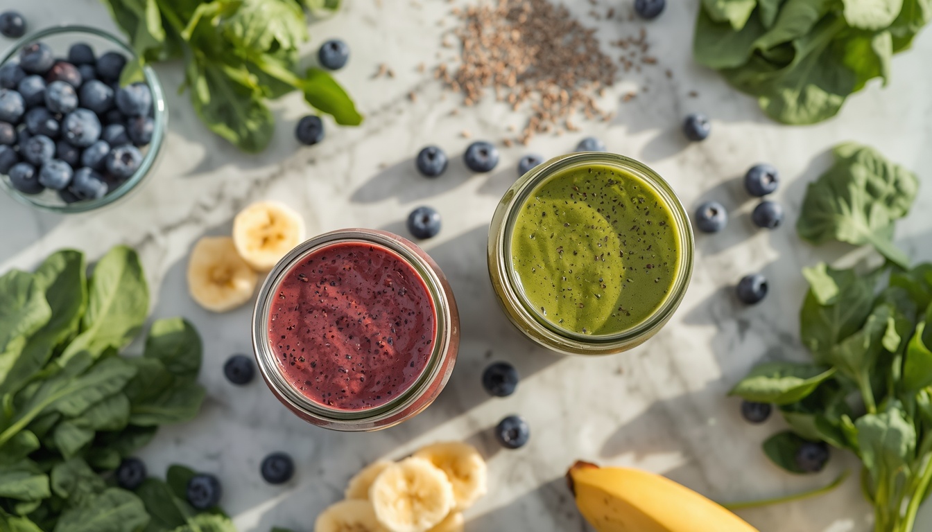 Smoothie ingredients and fresh berry drinks representing cheap vs expensive blender for smoothies decision.