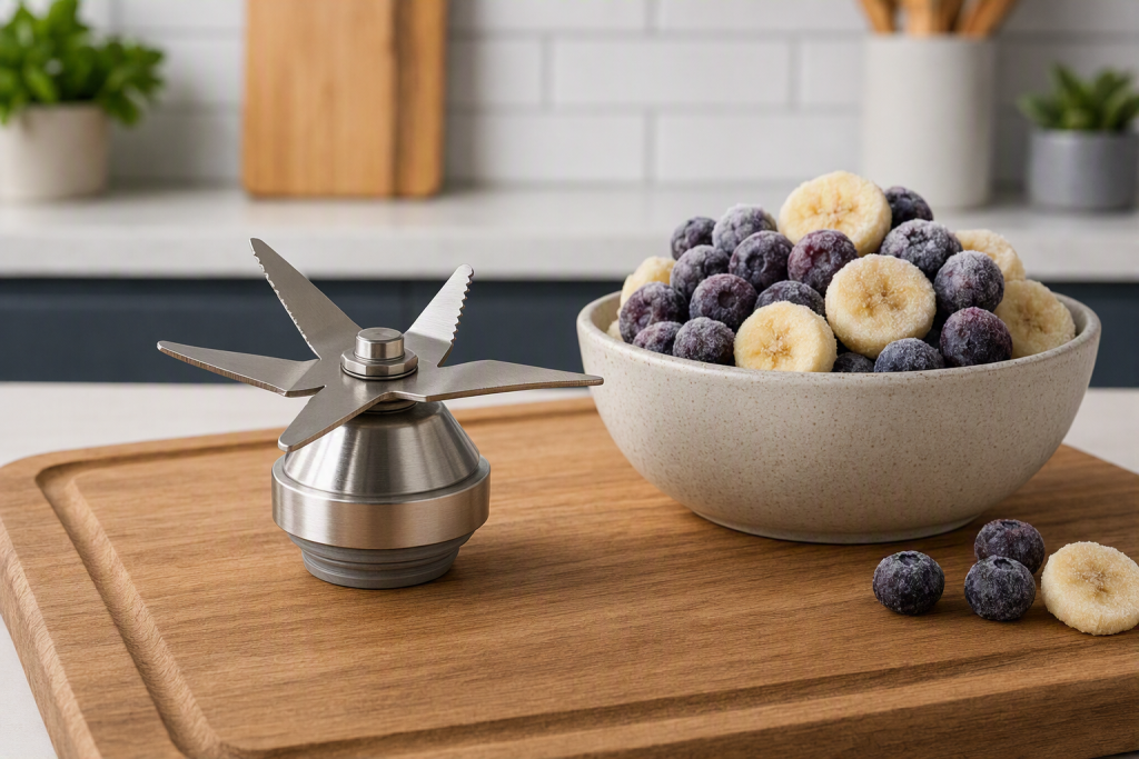 Nutribullet vs Ninja for Frozen Fruit Smoothies: Performance Comparison 2 Stainless steel blender blade base next to fresh frozen fruit ingredients