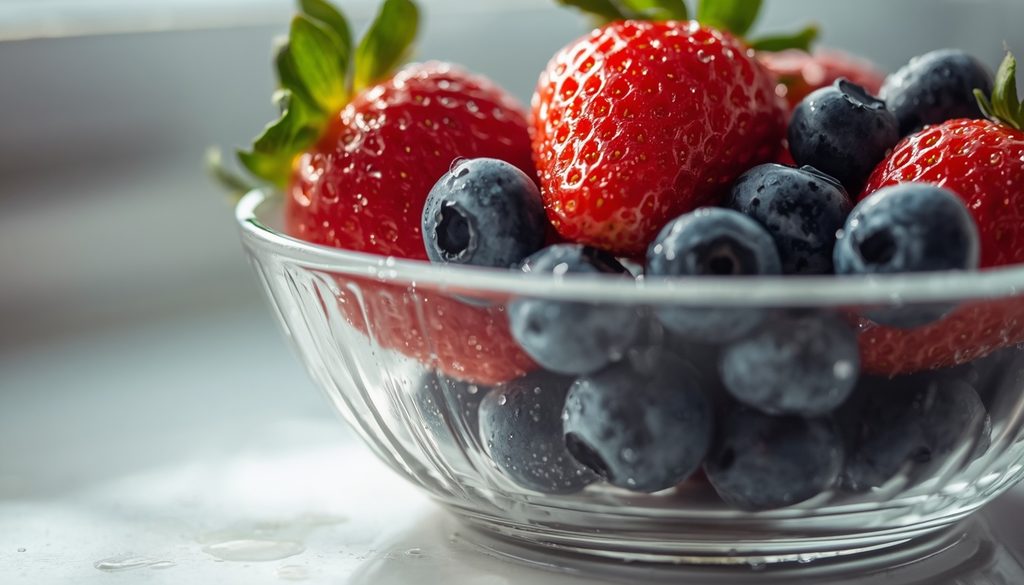 Thawed strawberries and blueberries sitting in a glass bowl showing cell moisture loss when asking can you refreeze thawed fruit for smoothies 1024x585