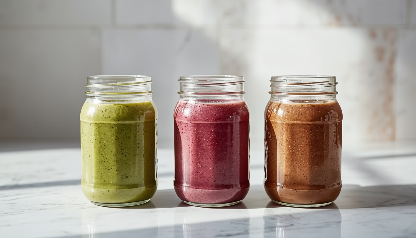 Three varieties of naturally low sugar smoothies lined up on a marble table.