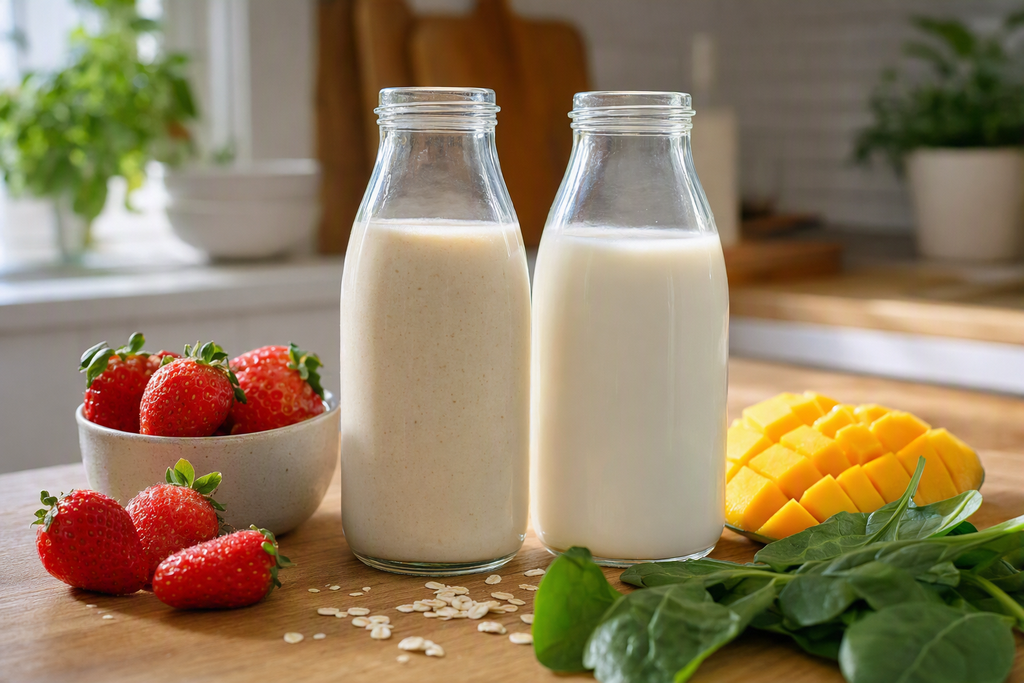 Oat Milk vs Almond Milk in Smoothies: Which Plant Base Wins? 1 Two glass bottles containing oat milk and almond milk next to fresh fruit smoothie ingredients on a wooden kitchen counter