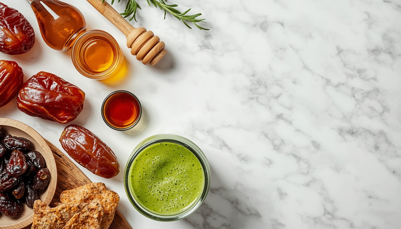 Various natural sweeteners for smoothies arranged next to a freshly blended green smoothie glass on marble