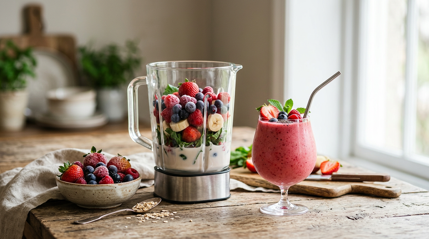 Blender filled with berries and yogurt beside a berry smoothie and fresh fruit