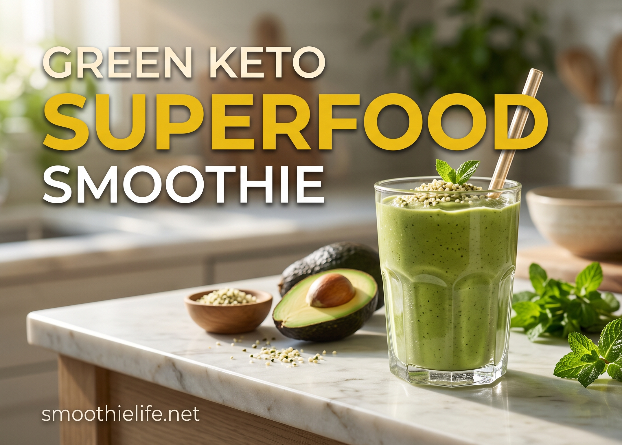 A vibrant green keto smoothie made with whole food protein sources on a marble countertop