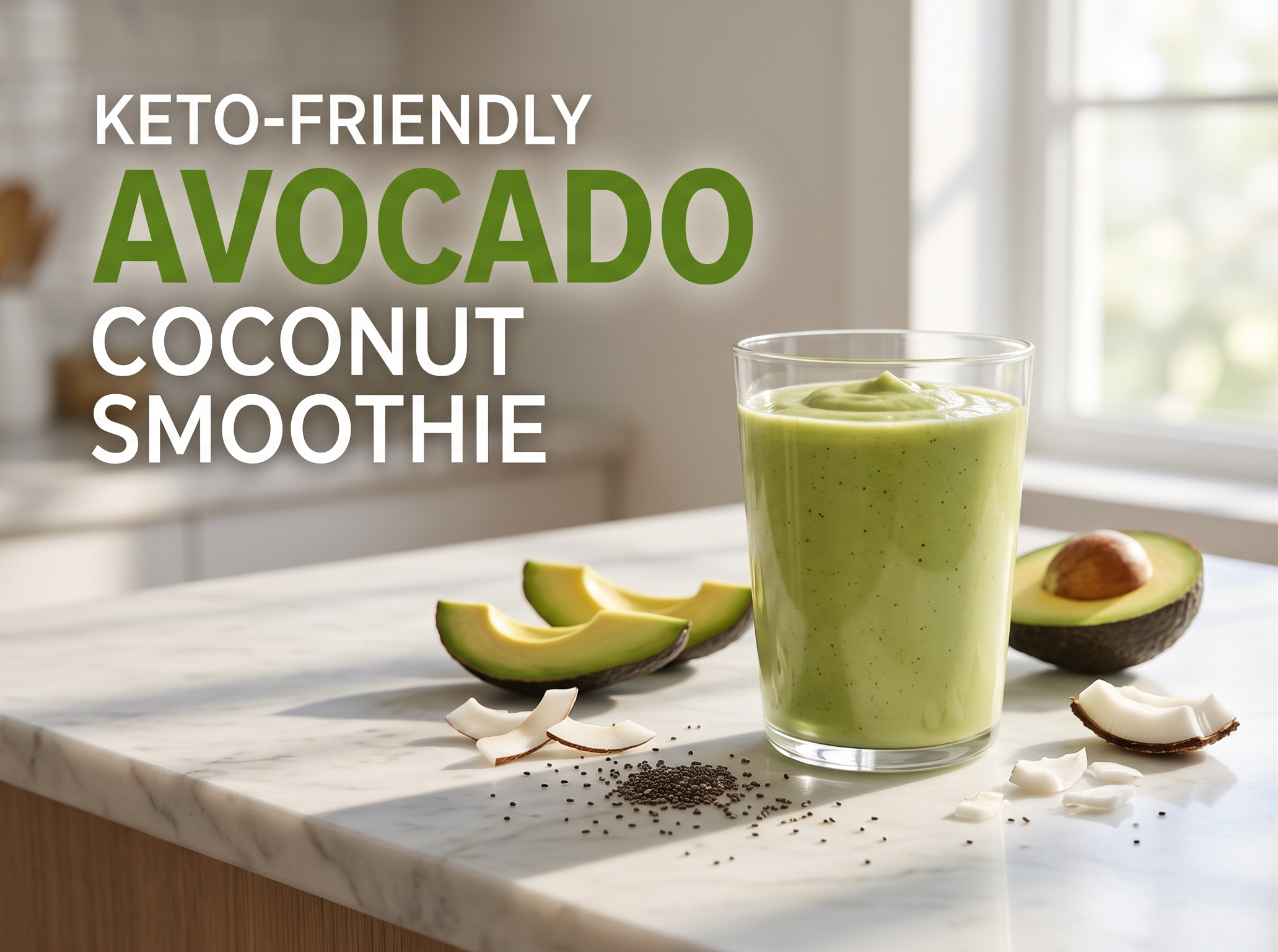 Creamy green keto smoothie on marble surface with ingredient accents