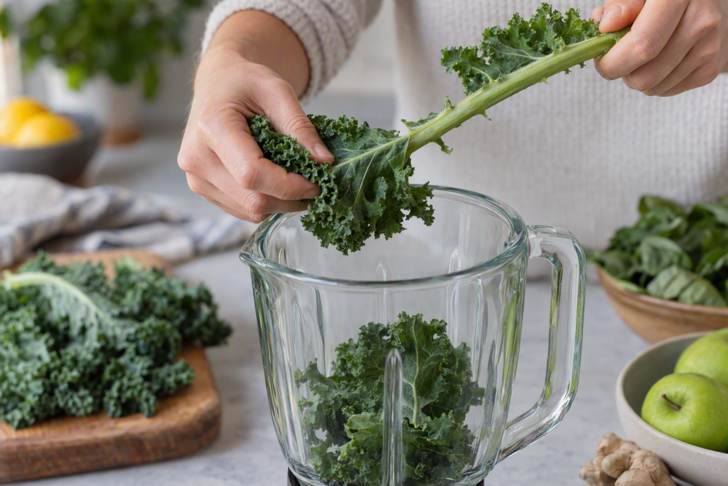 Spinach vs Kale Smoothie: Flavor and Texture Comparison in Low-Carb Blends 2 Hands stripping kale leaves from tough woody stems into a high speed blender jar