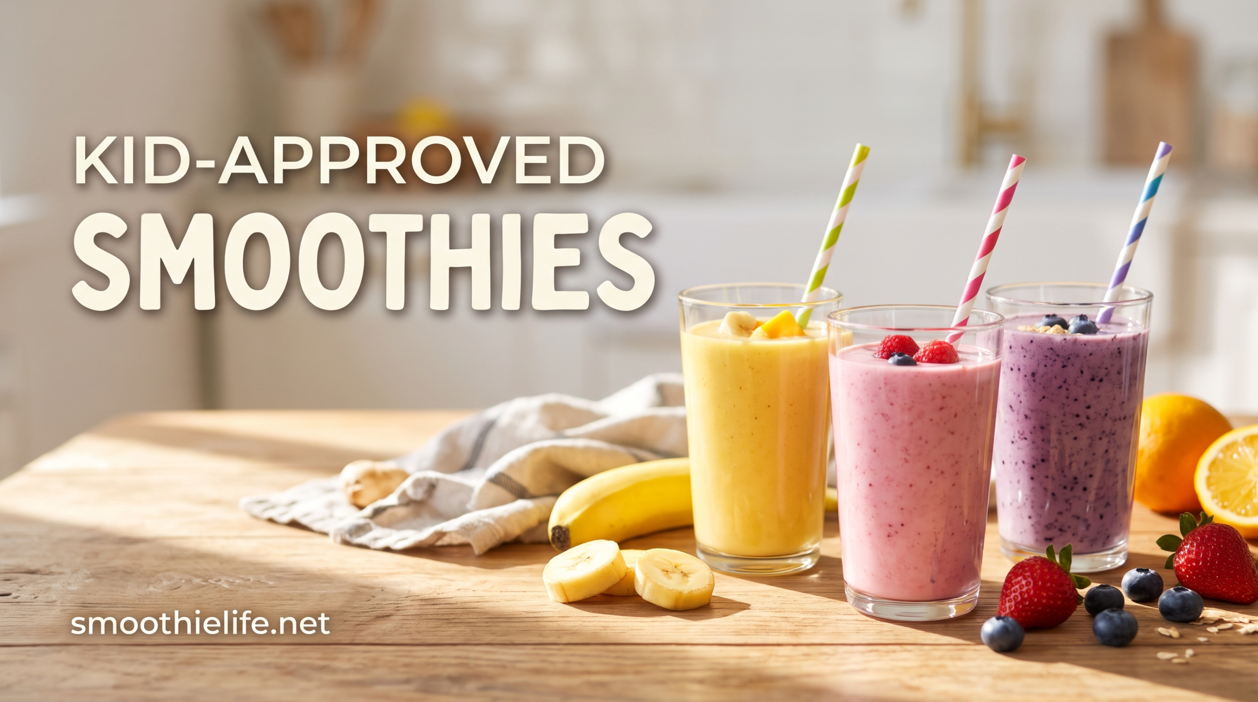 Three colorful kid friendly smoothies for picky eaters with fresh fruit